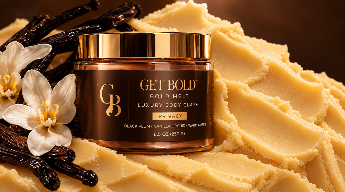 Privacy Bold Melt with gold lid, vanilla orchids and firm pale golden balm