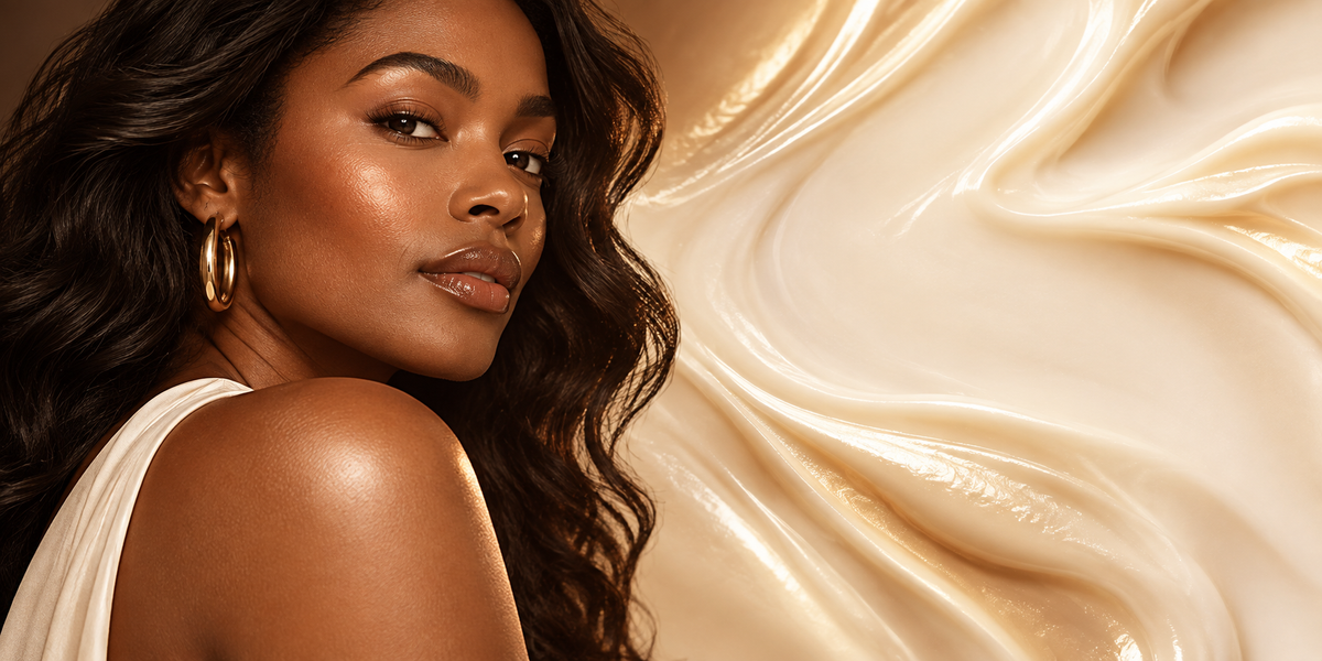 Get Bold campaign portrait with radiant skin and a gold hoop earring