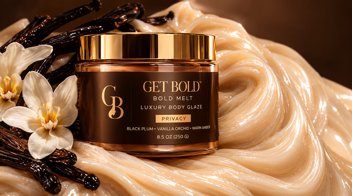 Privacy Bold Melt product artwork with gold lid, vanilla orchids and body glaze