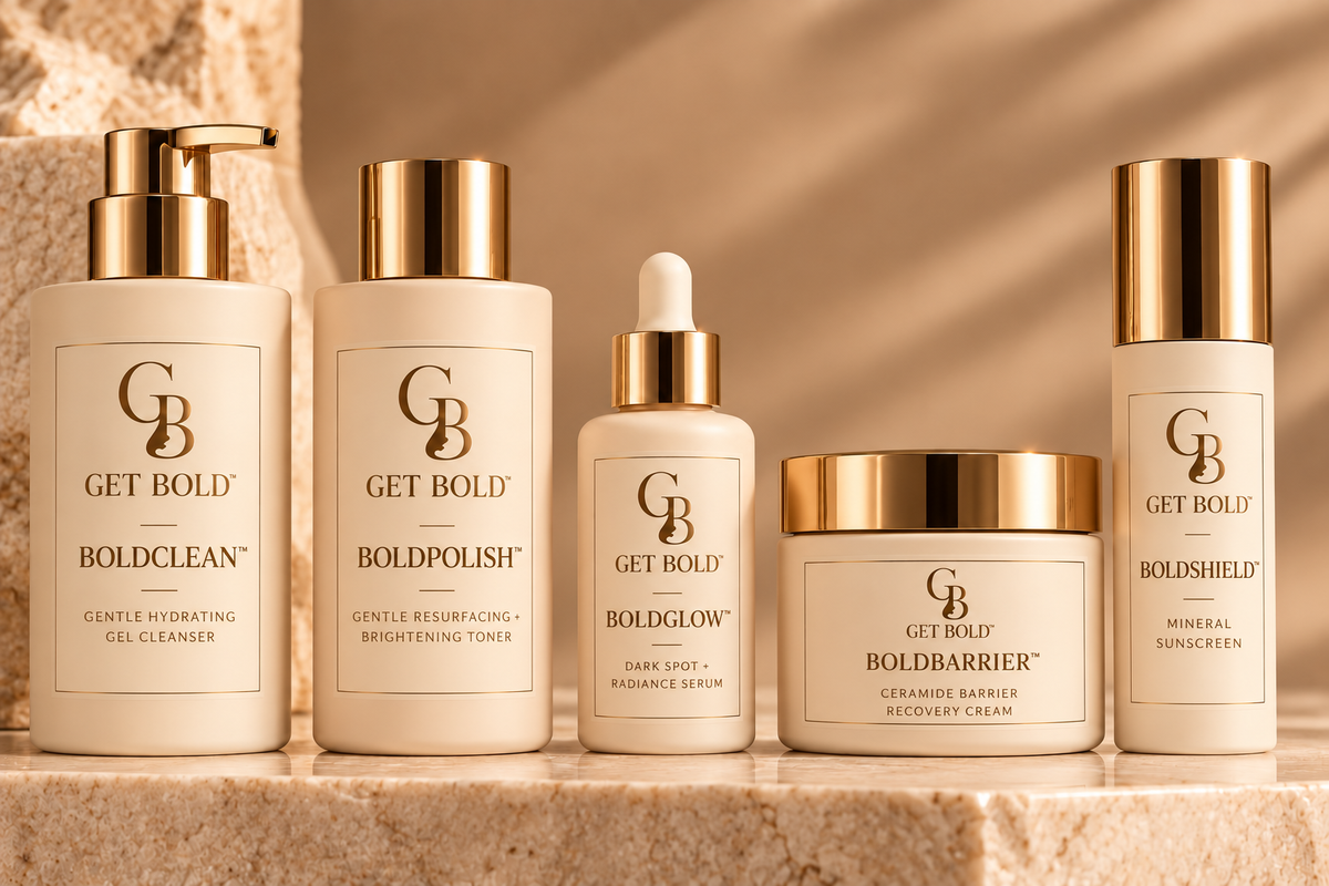Get Bold skincare: BoldClean, BoldPolish, BoldGlow, BoldBarrier and BoldShield in ivory bottles with gold hardware